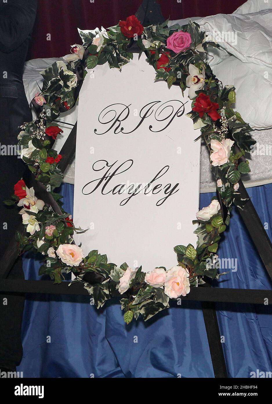 RIP Sign on Bed at the Hayley Cropper Memorial at G-A-Y Heaven in London. Stock Photo