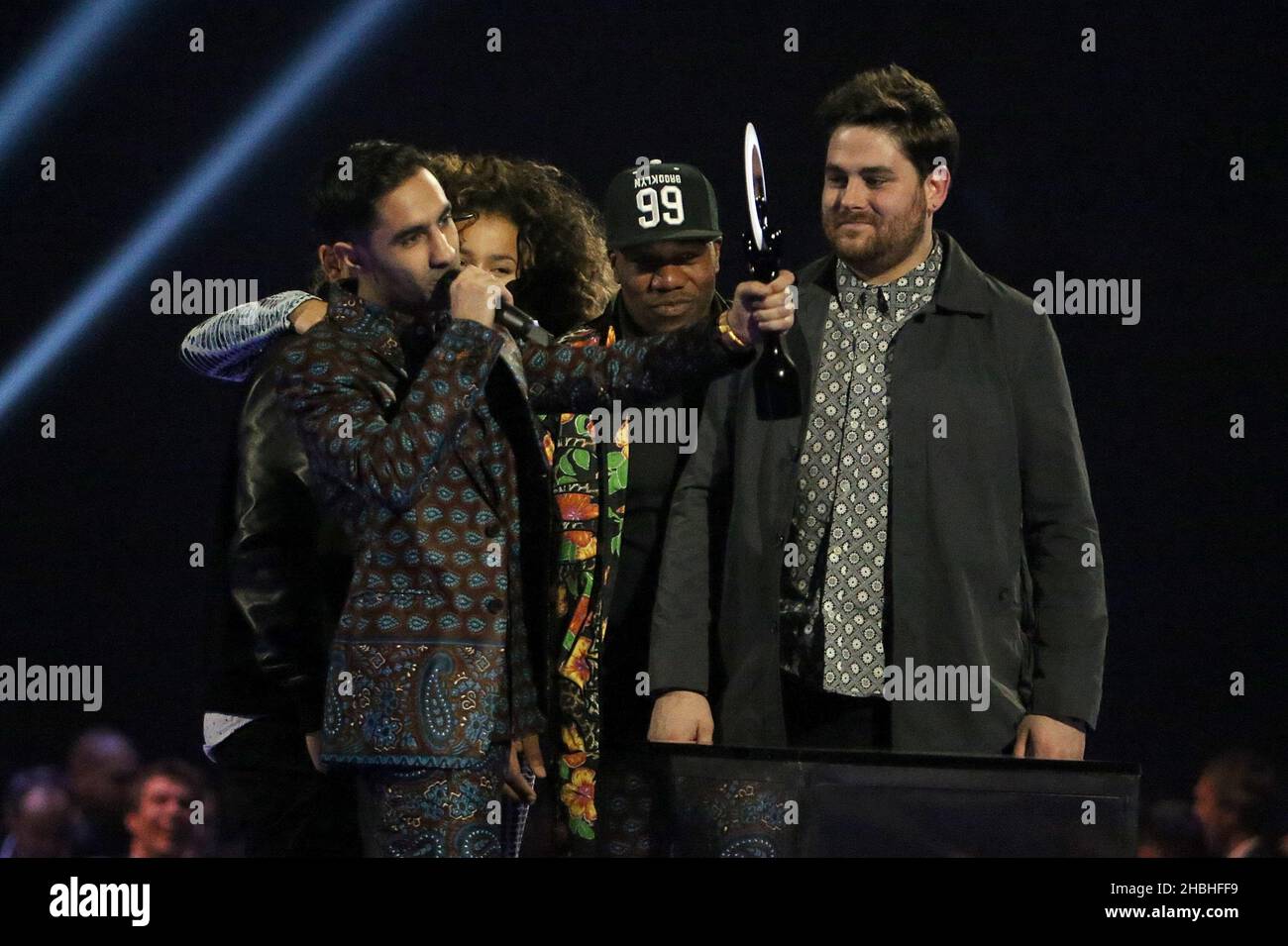 Rudimental accept the award for Best British Single during the 2014 Brit Awards at the O2 Arena, London. Stock Photo