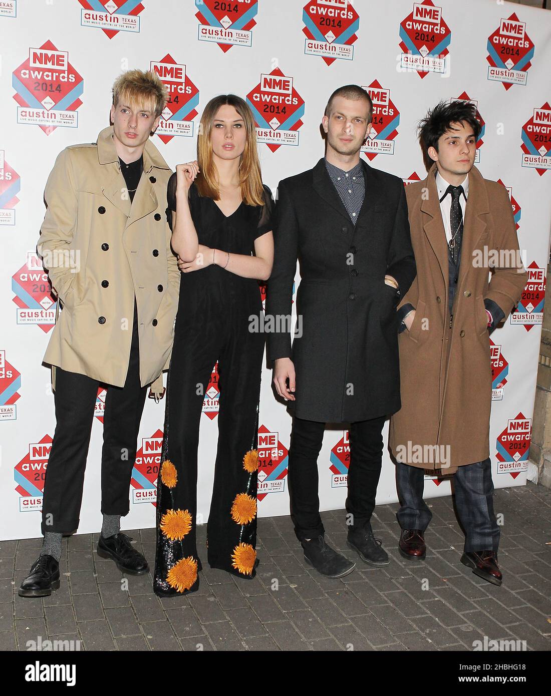 Theo Ellis,Ellie Rowsell,Joel Amey and Joff Oddie of Wolf Alice attending the NME Awards arrivals at the 02 Brixton Academy in London. Stock Photo