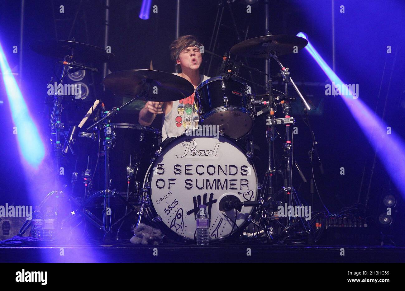 Ashton Irwin of 5 Seconds of Summer performs at the 02 Shepherd's Bush Empire in London. Stock Photo