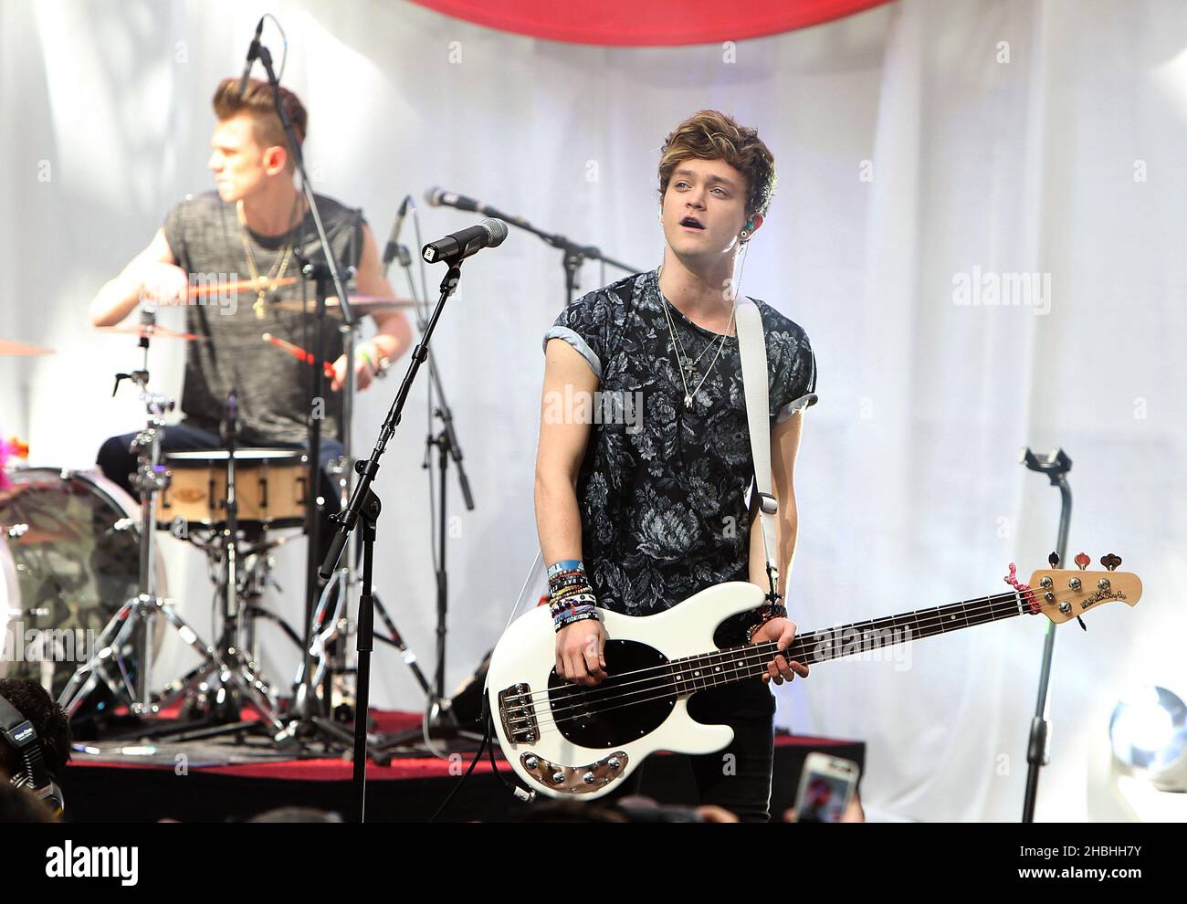 Connor Ball of The Vamps performing at Westfield White City in London. Stock Photo