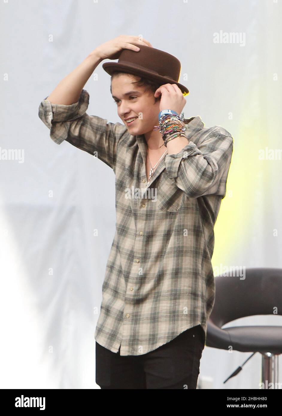 Bradley Simpson of The Vamps performing at Westfield White City in London. Stock Photo