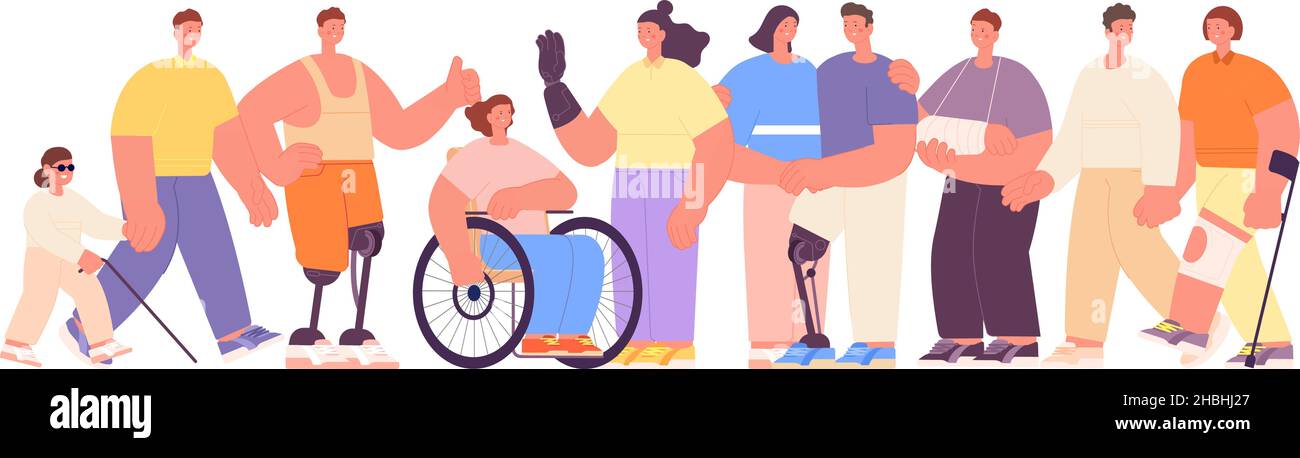 Diverse people together. Portraits human group, disability inclusive in social life. Equal working rights, person on wheelchair. Community diversity Stock Vector