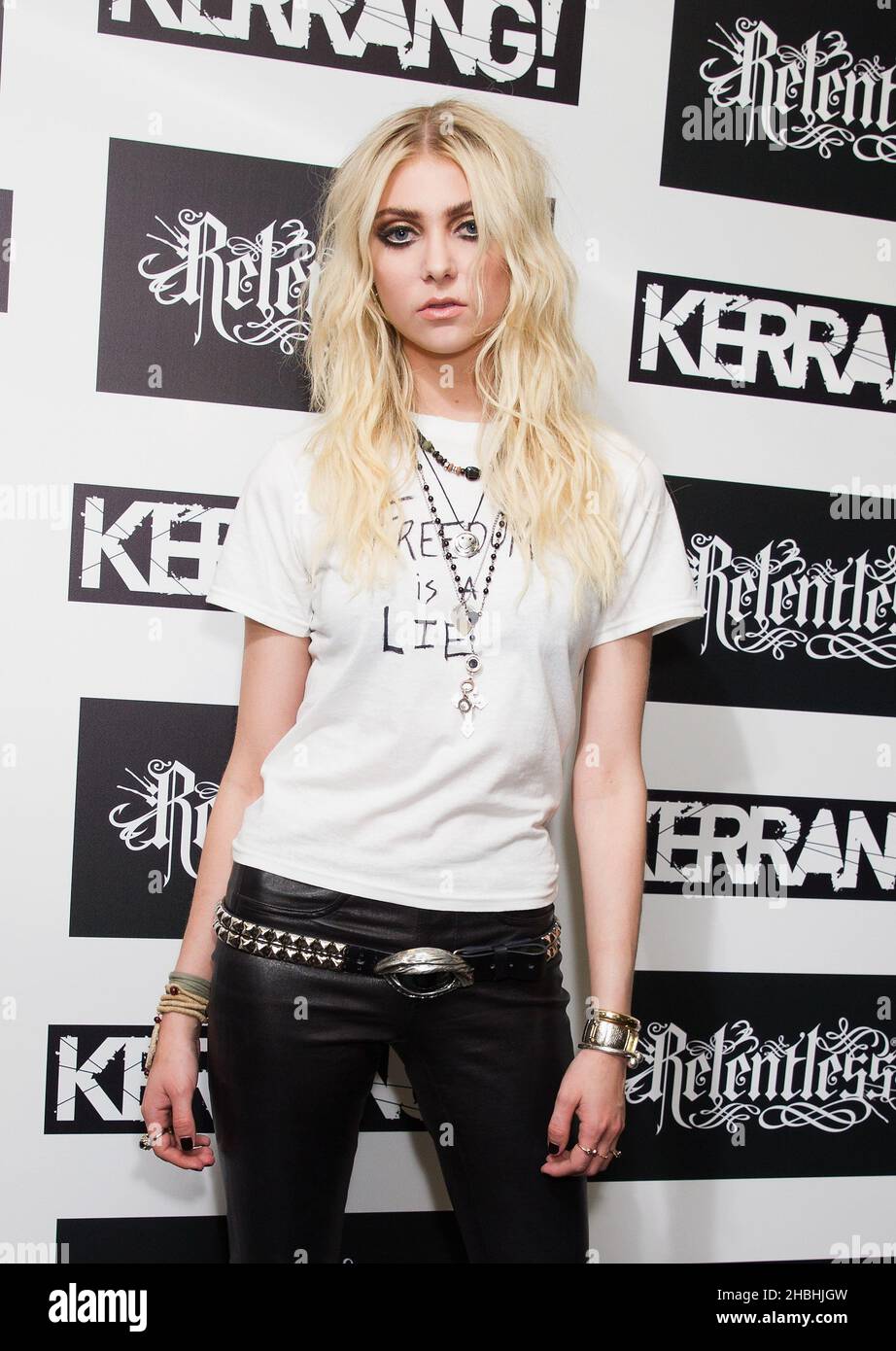 Taylor Momsen of The Pretty Reckless poses  in the Awards Room at the Relentless Kerrang Awards at the Troxy in London. Stock Photo
