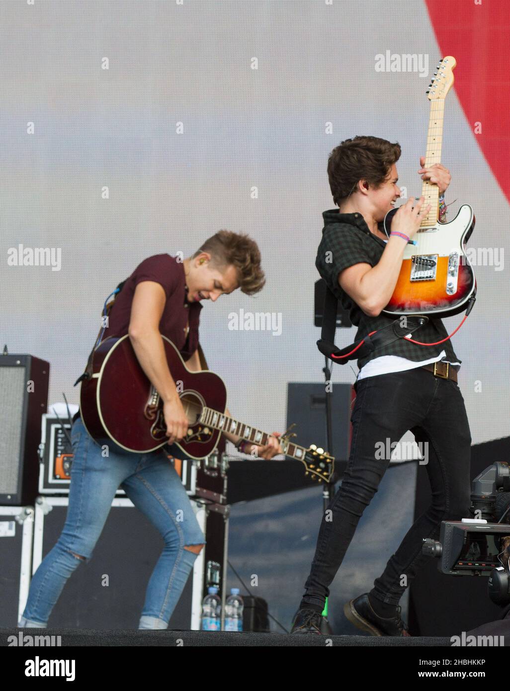 Bradley Simpson and James McVey of The Vamps perform on stage at Barclaycard British Summer Time in Hyde Park, London. Stock Photo