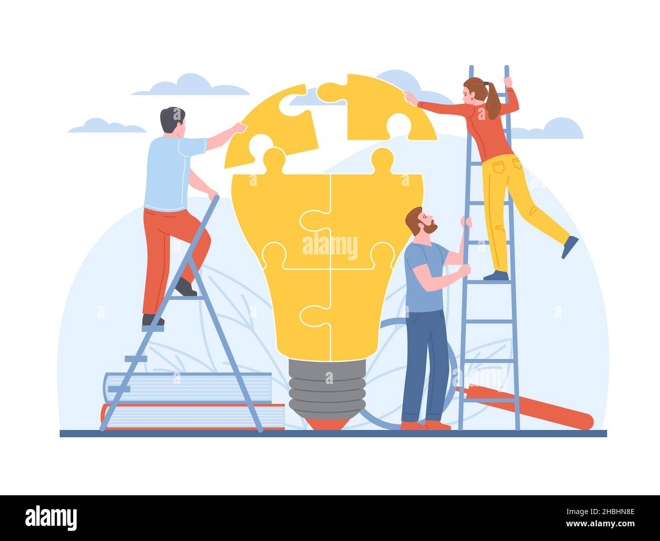Joint idea development. Employees collect big light bulb from puzzle