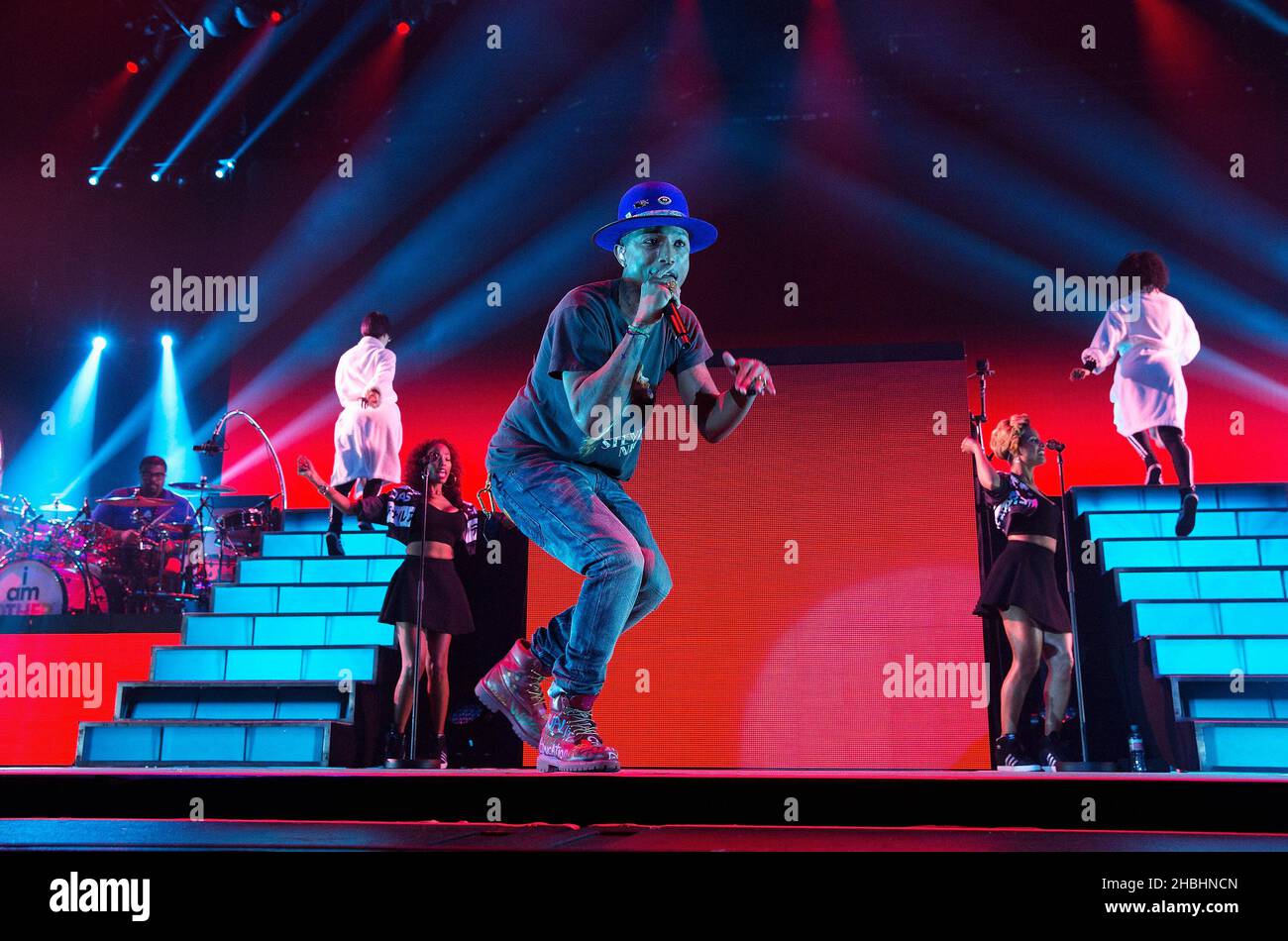 Pharrell Williams performs on stage at the 02 Arena in London. Stock Photo