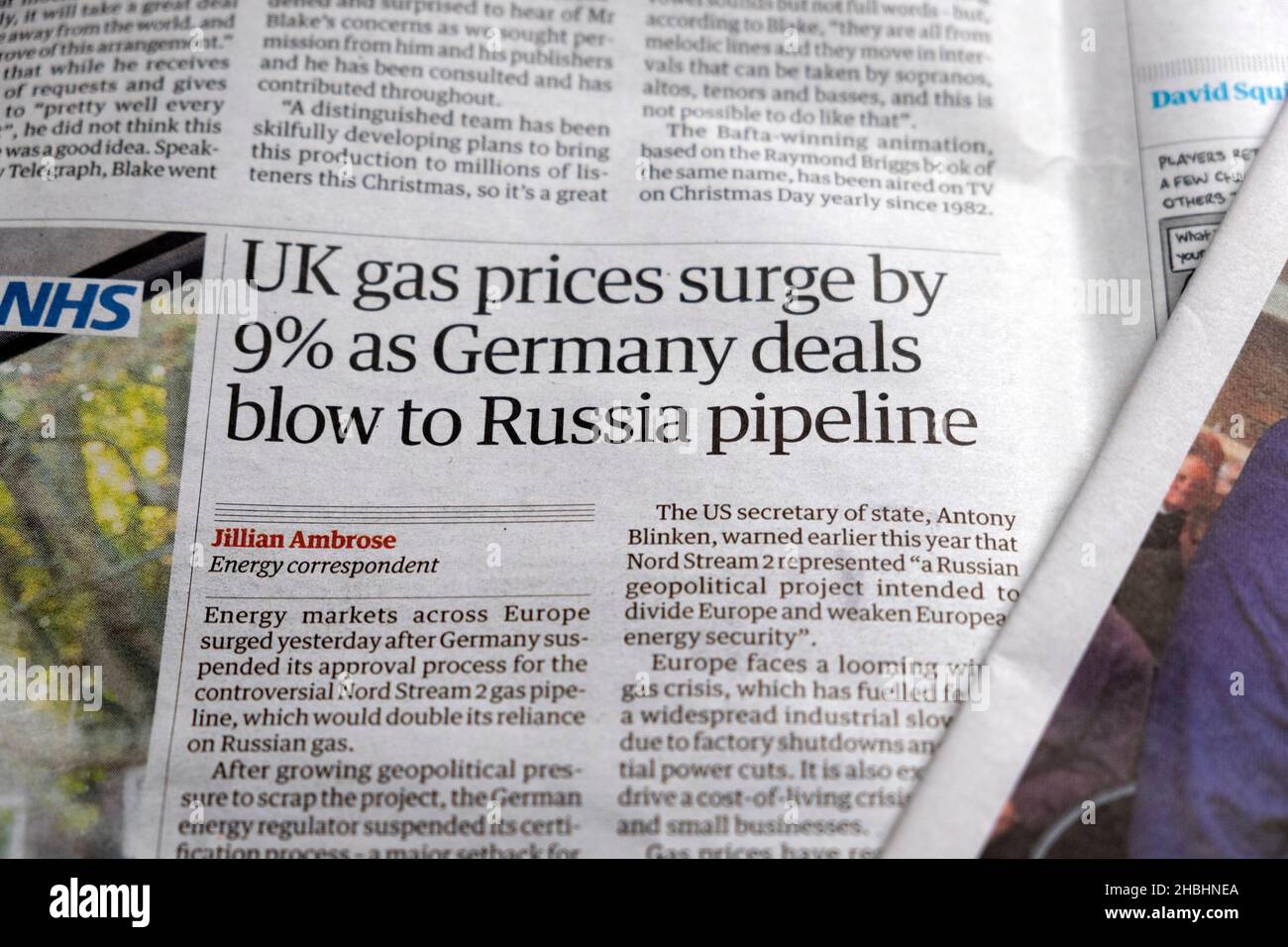 'UK gas prices surge by 9% as Germany deals blow to Russia pipeline' Guardian newspaper article headline clipping on 17 November 2021 in  London UK Stock Photo