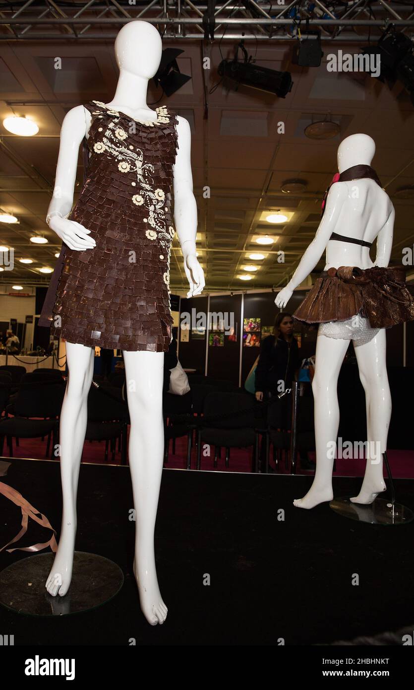 The Chocolate Show, Chocolate Fashion Costume Dresses on Mannequins at Olympia in London. Stock Photo