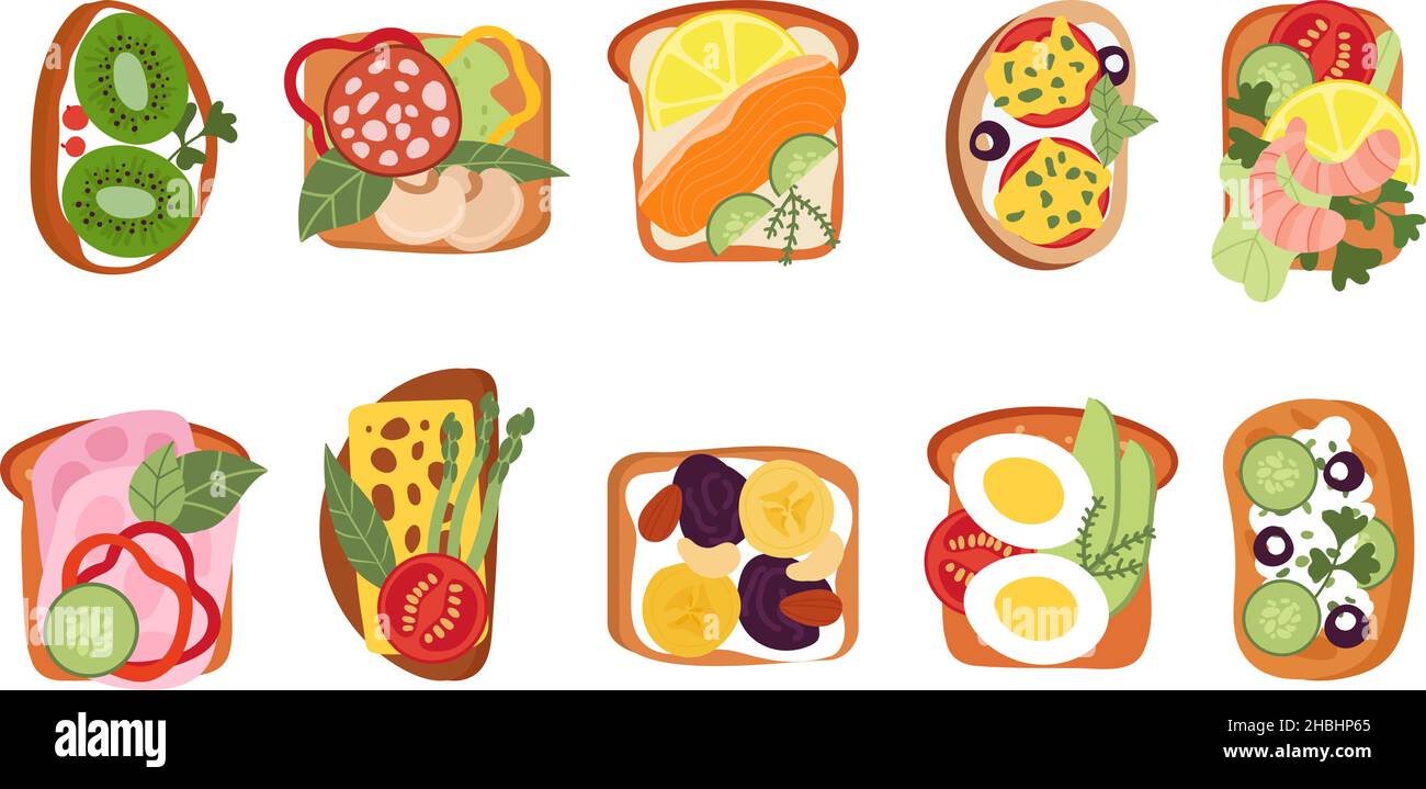 Fresh sandwiches top view. Toast bread, tasty lunch or breakfast. Healthy vegetables and fruits toasts, cheese avocado and sausage slices, decent Stock Vector