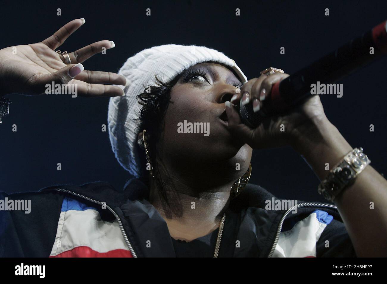Hip-hop singer Missy Elliott performs one-off London show promoting her current album 'The Cookbook' at the Carling Apollo Hammersmith in London. Her side kick is Fatman Scoop. Stock Photo
