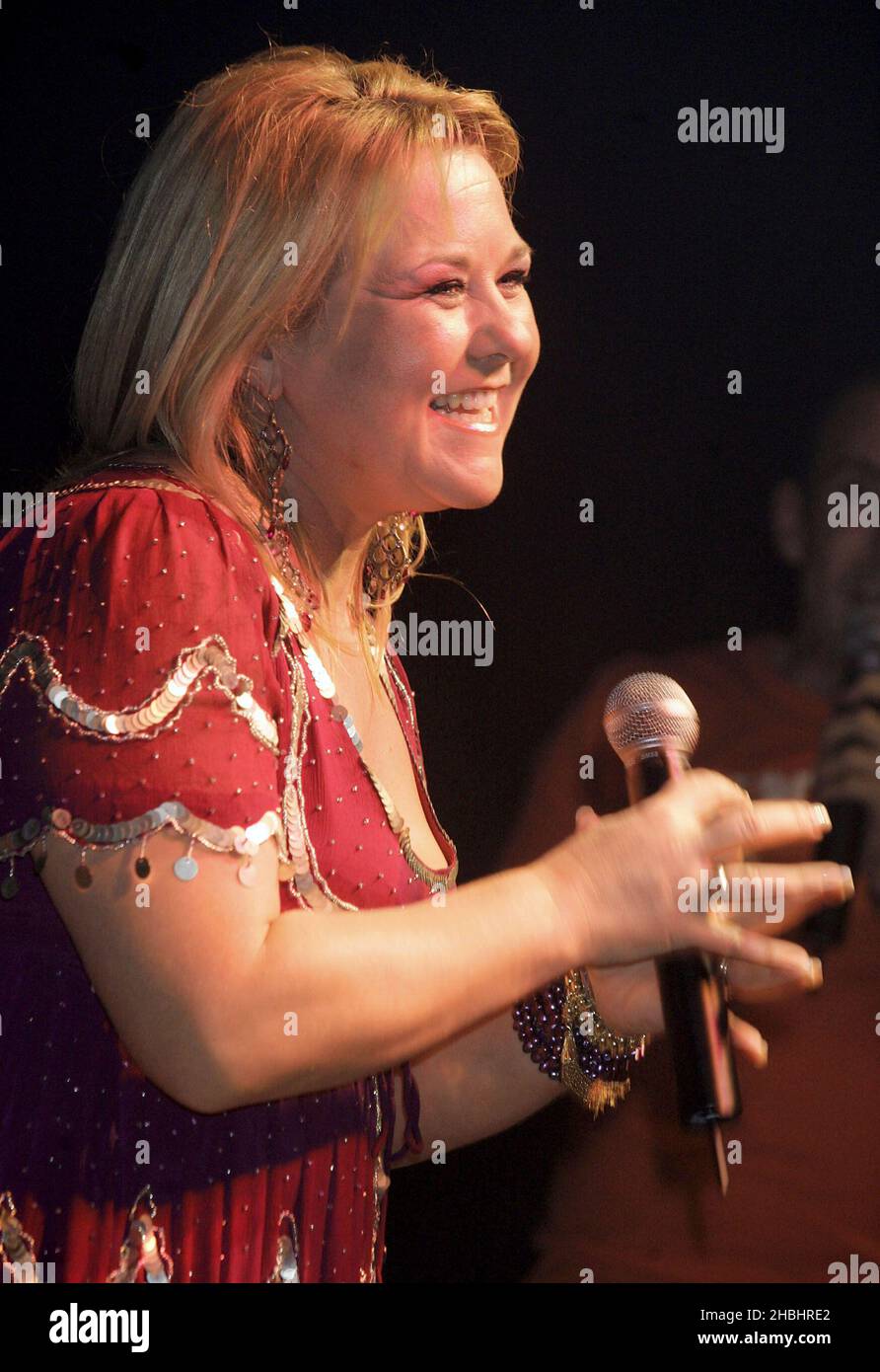 Soapstar Wendi Peters, of Coronation Street, contestant runner up on ITV's celebrity talent show Soapstar Superstar performs live on stage at the GAY Astoria in London on January 21,2006. Stock Photo