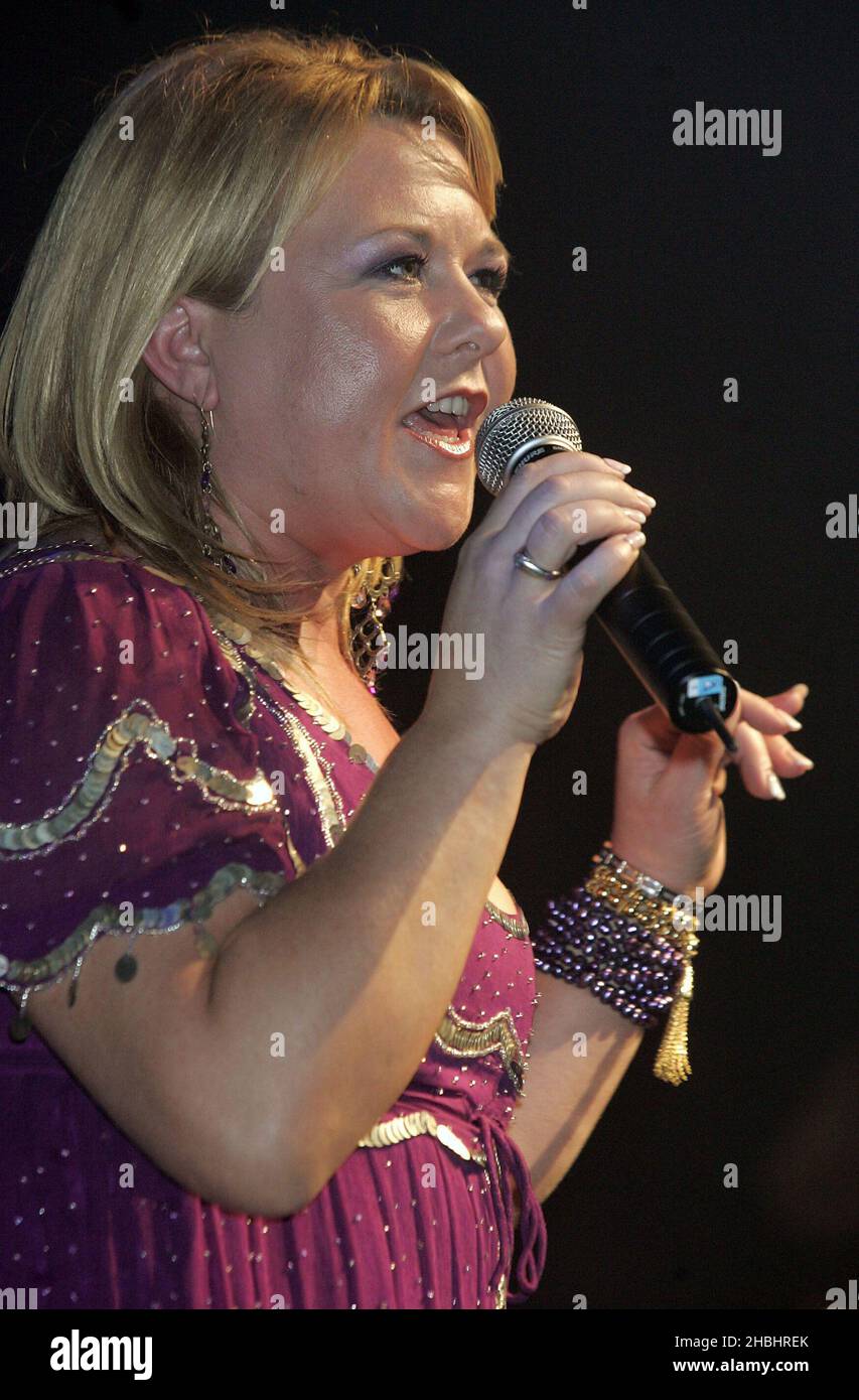 Soapstar Wendi Peters, of Coronation Street, contestant runner up on ITV's celebrity talent show Soapstar Superstar performs live on stage at the GAY Astoria in London on January 21,2006. Stock Photo