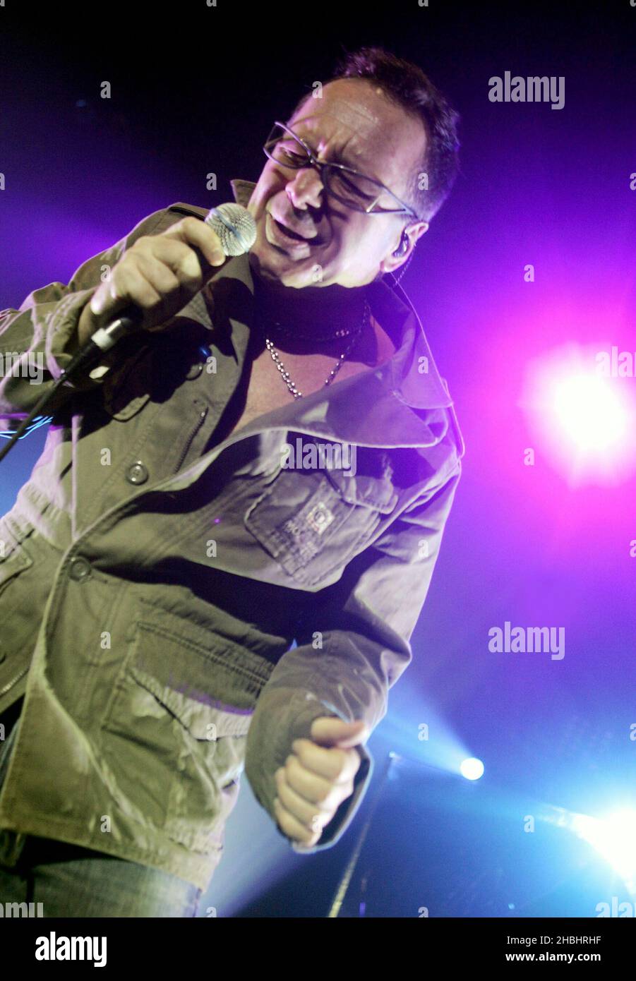Jim Kerr of Scottish pop-rock group Simple Minds perform live on stage their latest album "Black & White 050505" at The Astoria on February 13, 2006 in London. Stock Photo