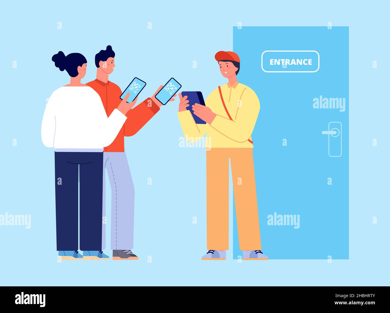 QR code control. Vaccination identification, people with barcodes for entrance. Controller checks personal codes for entry, vector concept Stock Vector