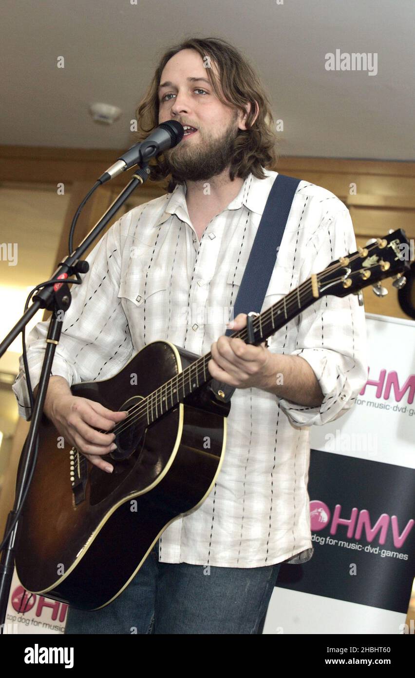 Texan country singer songwriter Hayes Carll performs live on stage and signs copies of his latest album 'Little Rock' at HMV Oxford Street in London. Stock Photo