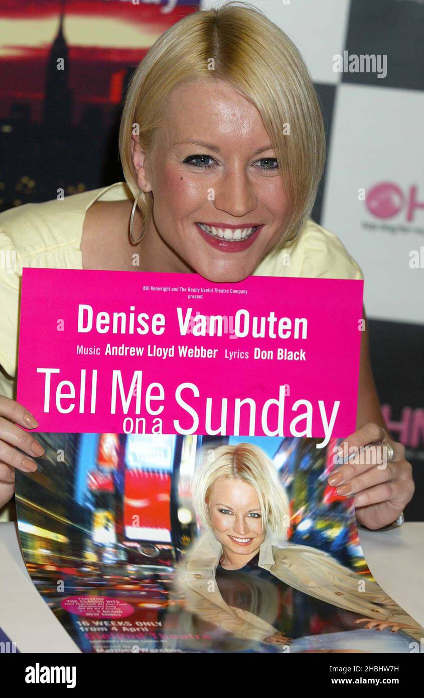 Denise Van Outen signs copies of original cast recording of 'Tell Me On A Sunday'. Head shot, earring, smiling Stock Photo