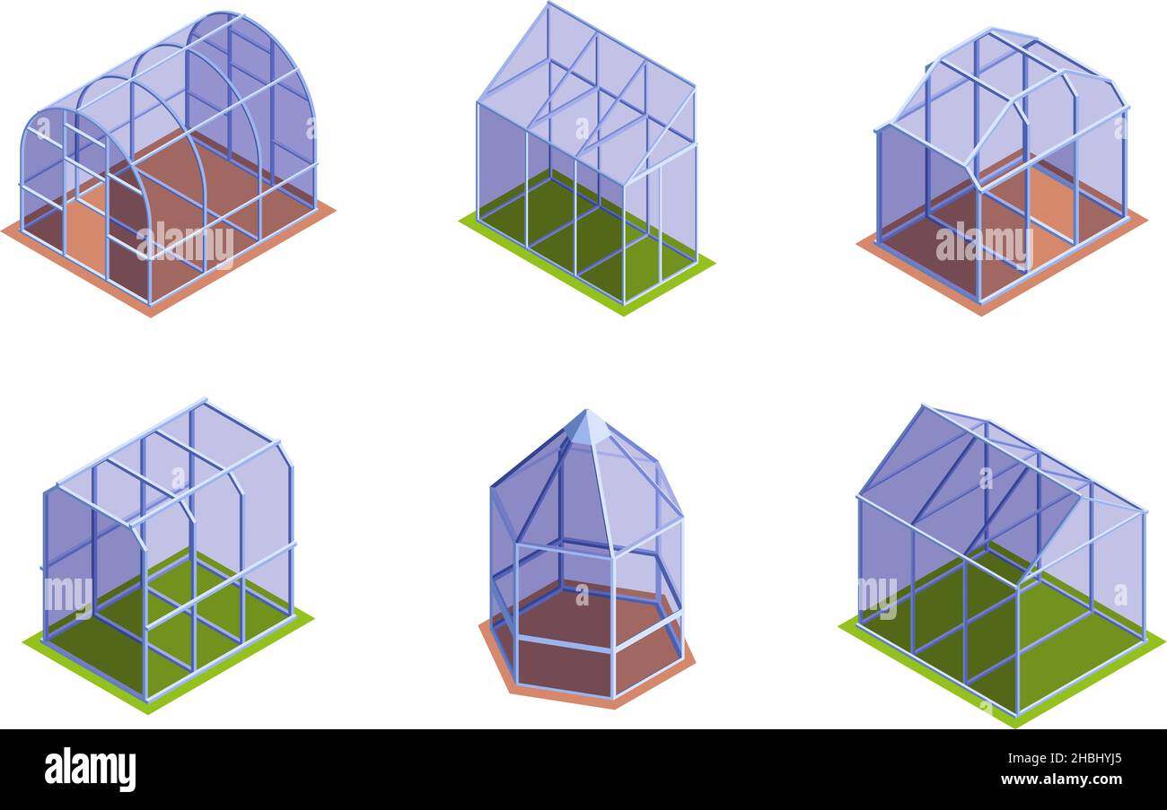 Greenhouse isometric. Garden transparent houses for growing plants vegetables or fruits cultivation flowers garish vector 3d templates set collection Stock Vector