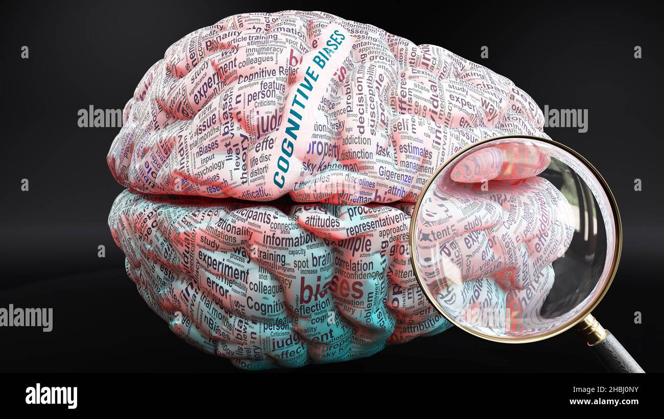 Cognitive biases in human brain, a concept showing hundreds of crucial words related to Cognitive biases projected onto a cortex to fully demonstrate Stock Photo