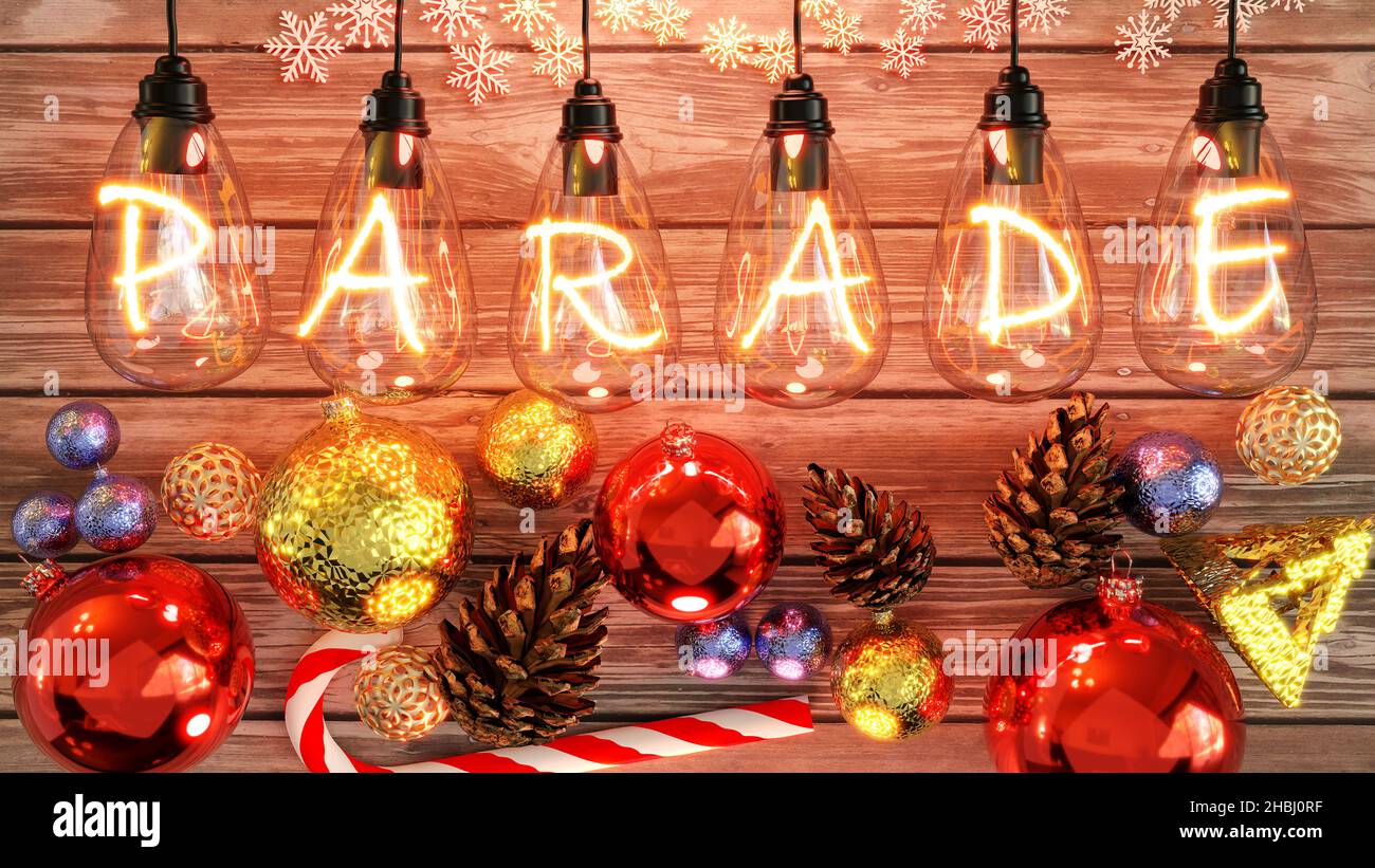 Christmas Parade - cozy wooden table with xmas ornaments with cones