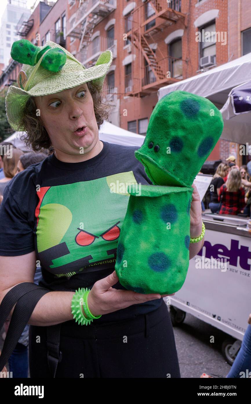 Elizabeth Pasieczny of Pickleman Productions at the annual Pickle Day celebration on Orchard Street on the Lower East Side of Manhattan Stock Photo