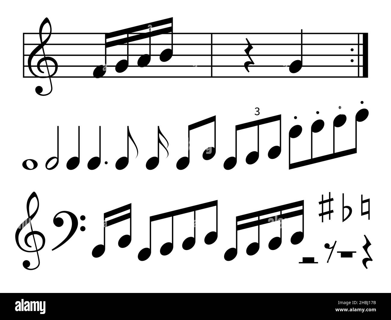 Music notes silhouettes. Treble and bass clefs, musical rulers, graphic