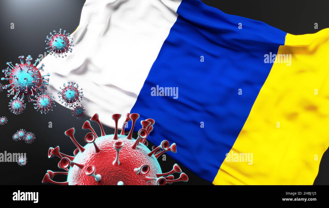 Doetinchem and covid pandemic - virus attacking a city flag of Doetinchem as a symbol of a fight and struggle with the virus pandemic in this city, 3d Stock Photo