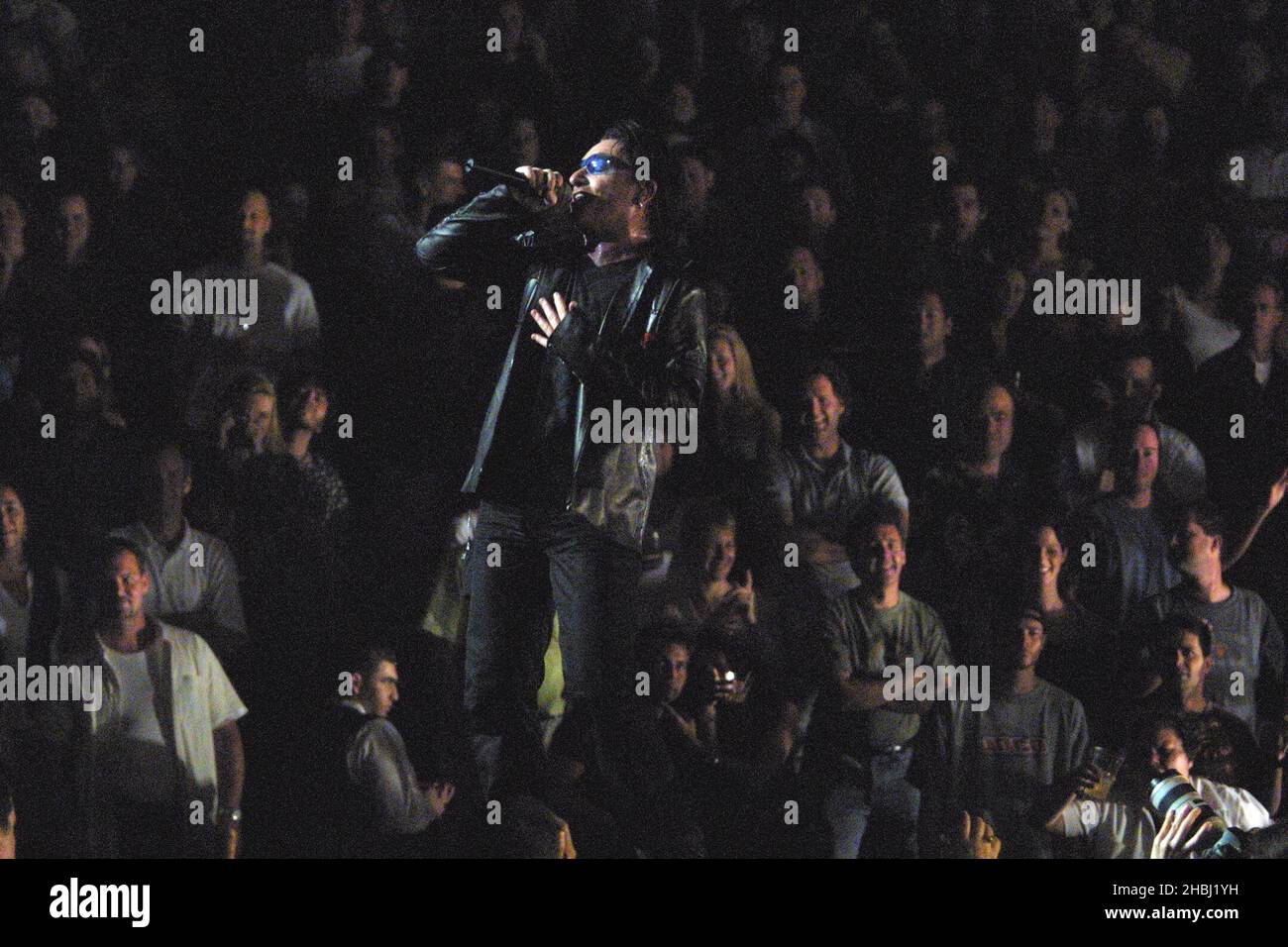 U2, Bono in concert at the Madison Square Garden, New York. Live. Full Length. Stock Photo