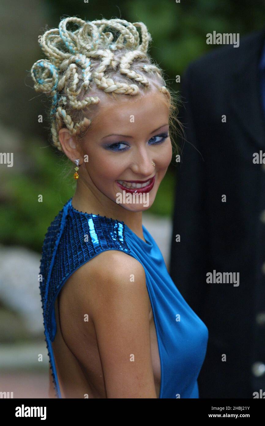 Christina Aguilera at the Monte Carlo Music Awards which took place in  Monte Carlo. Half Length. Hair. blue dress, makeup, lipstick, eyes, earings  Stock Photo - Alamy
