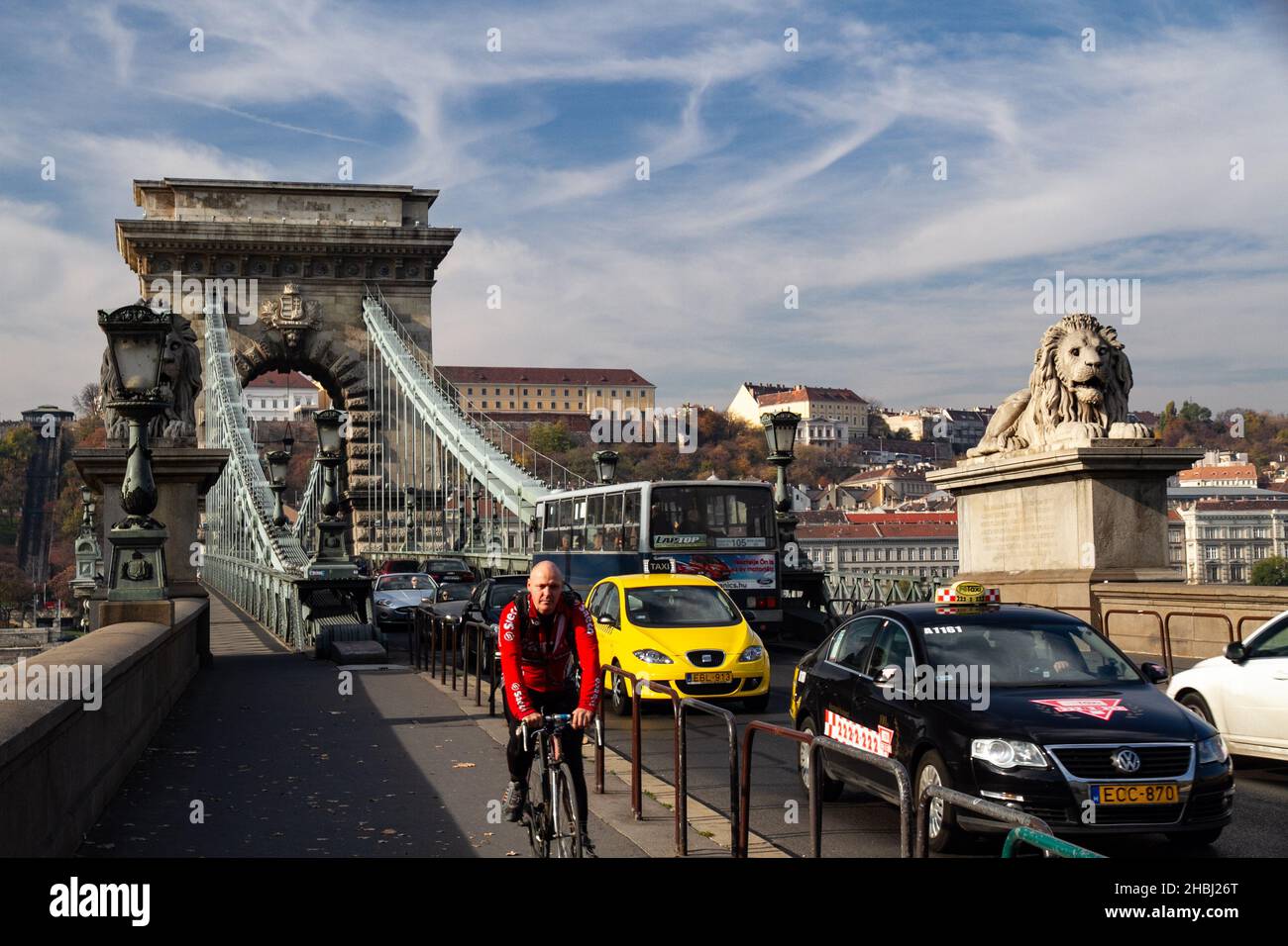Lion statue in The Chain Bridge (Szechenyi Lanchid) Budapest, Hungary Stock Photo