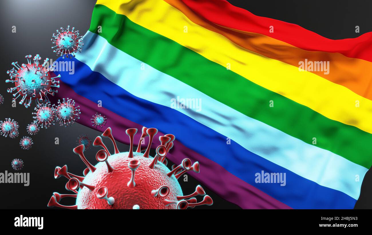 Cusco and covid pandemic - virus attacking a city flag of Cusco as a symbol of a fight and struggle with the virus pandemic in this city, 3d illustrat Stock Photo
