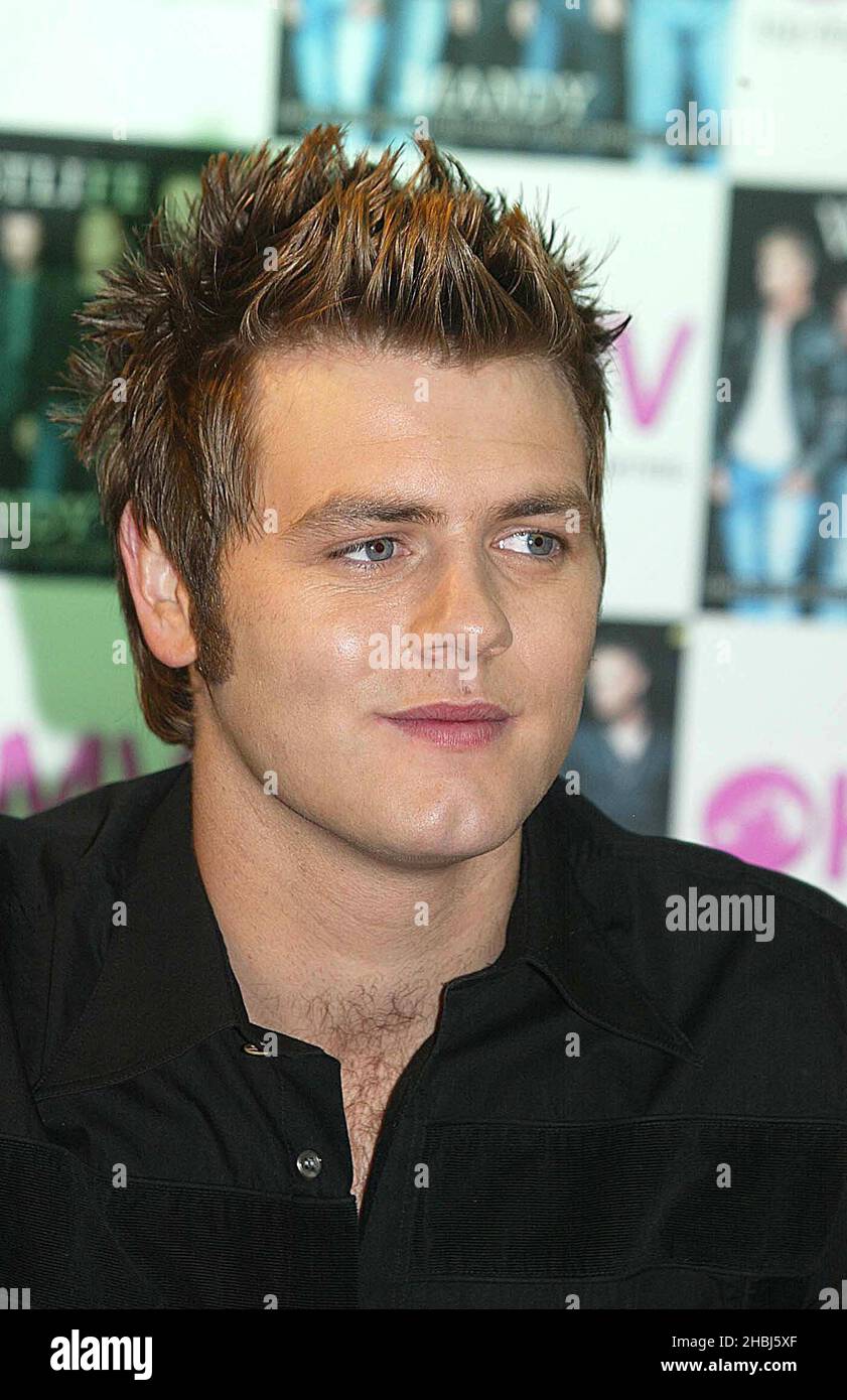 Bryan McFadden of Westlife promotes the group's new single Mandy at the HMV Trocadero, Piccadilly Circus in London. Stock Photo