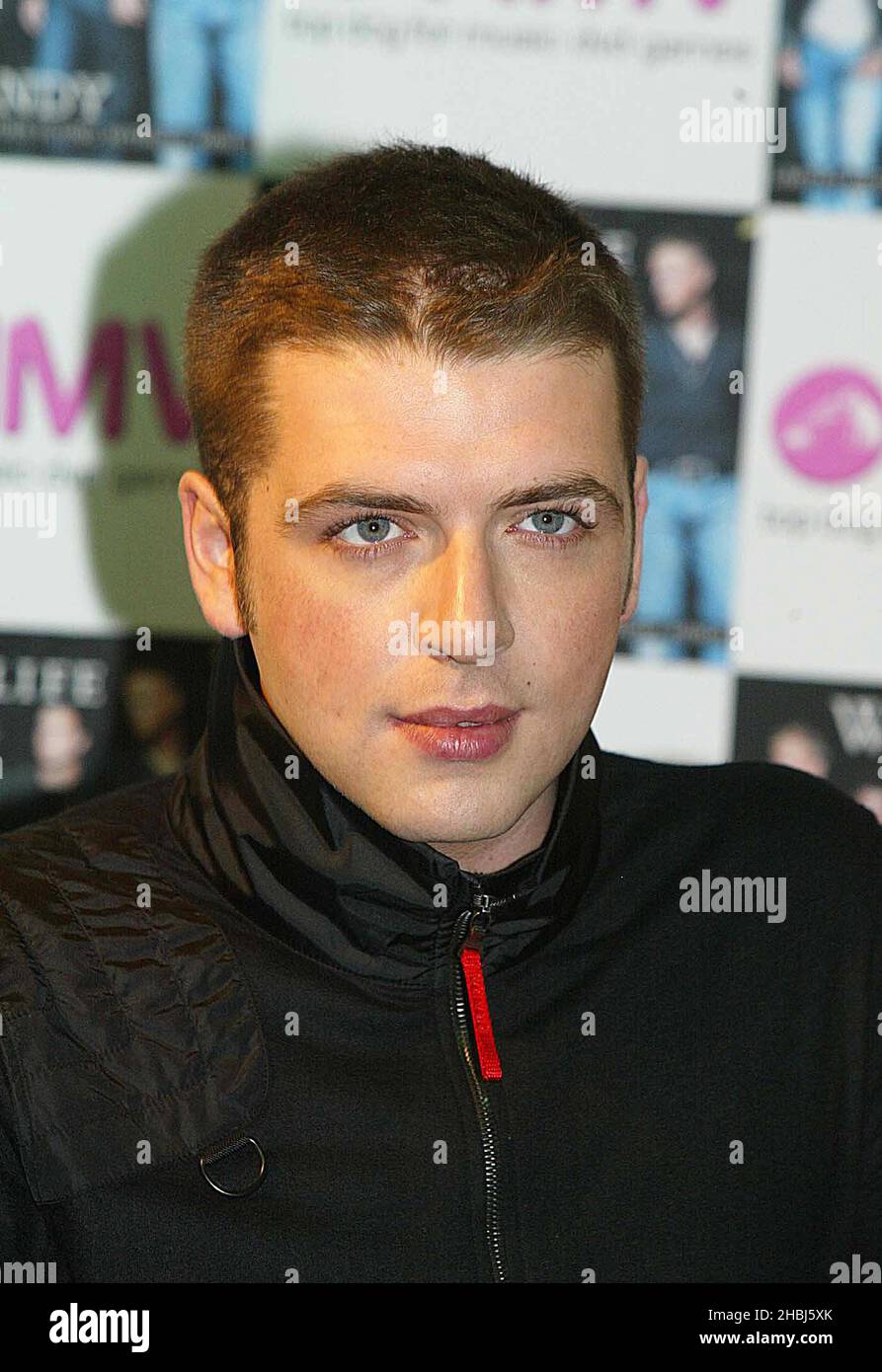 Marc from Westlife promotes the group's new single Mandy at the HMV Trocadero, Piccadilly Circus in London. Stock Photo