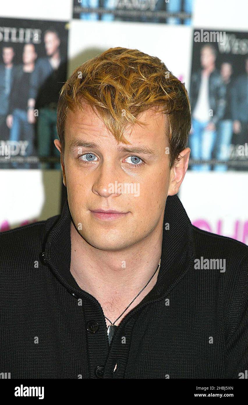 Kian of Westlife promotes the group's new single Mandy at the HMV Trocadero, Piccadilly Circus in London. Stock Photo