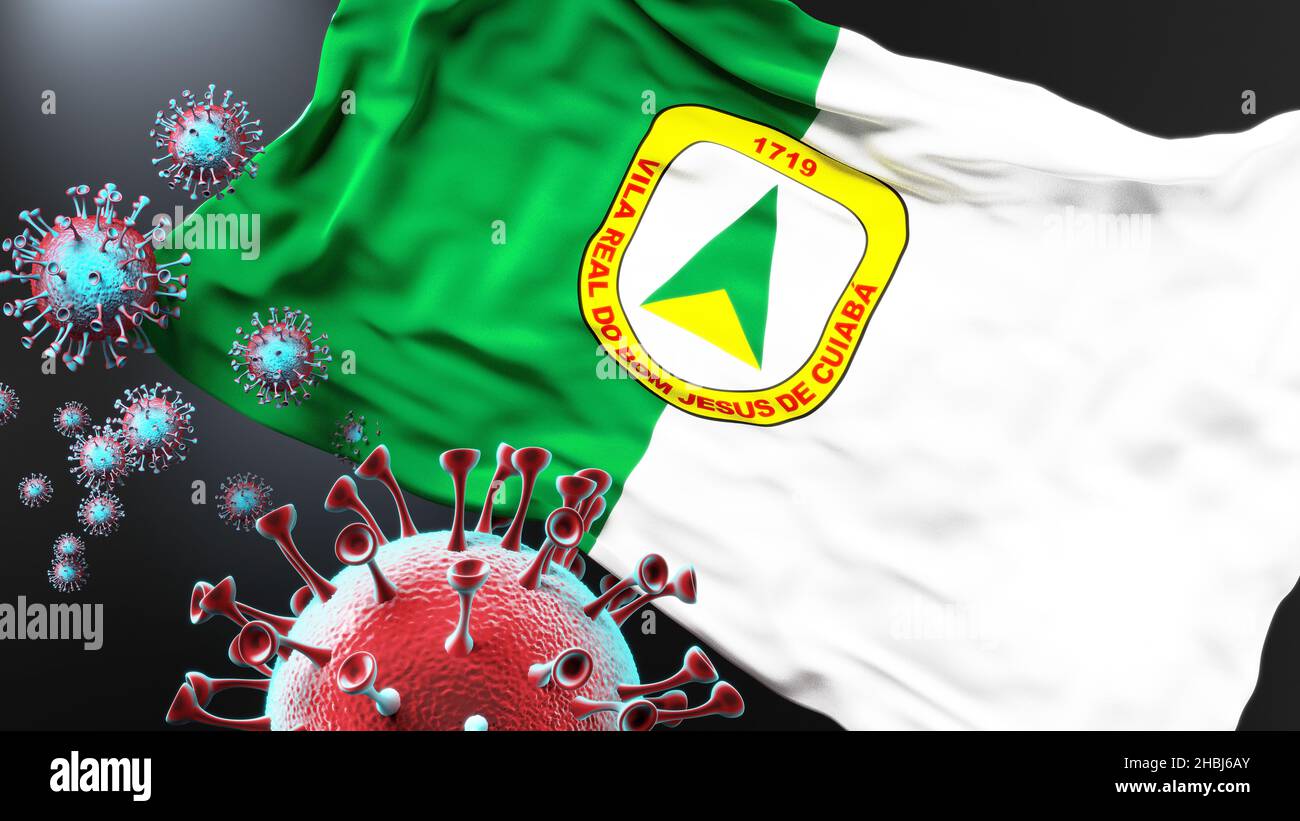 Cuiaba and covid pandemic - virus attacking a city flag of Cuiaba as a symbol of a fight and struggle with the virus pandemic in this city, 3d illustr Stock Photo