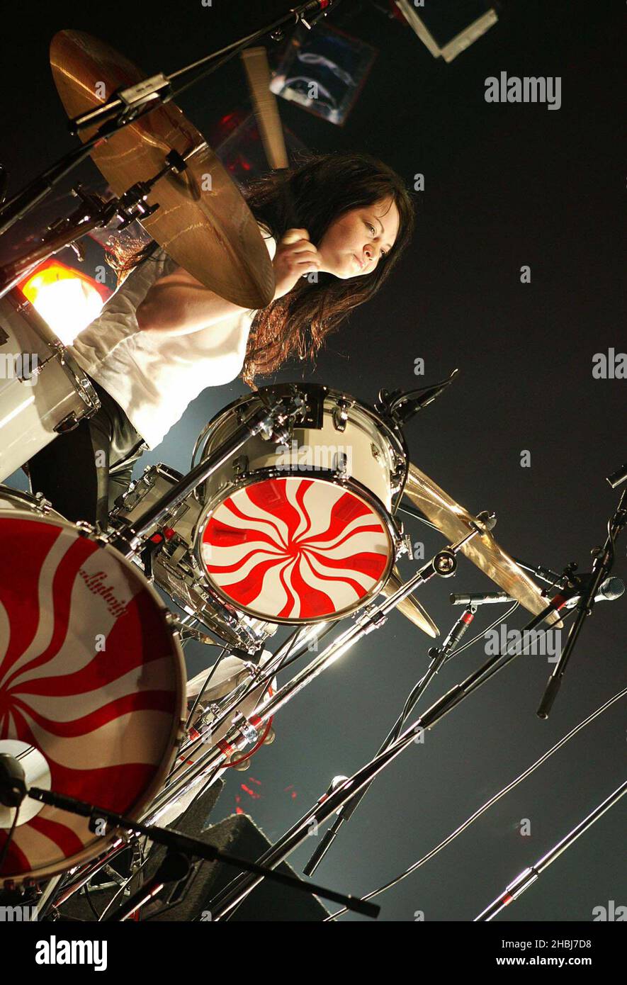 The White Stripes (Meg and Jack White)perform on stage at Carling Brixton Academy, London. (Meg White on Drums) Stock Photo