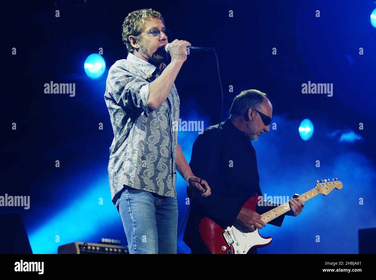 Roger Daltrey and Pete Townshend The Who live on stage headling Saturday at the Isle of Wight Festival. Stock Photo