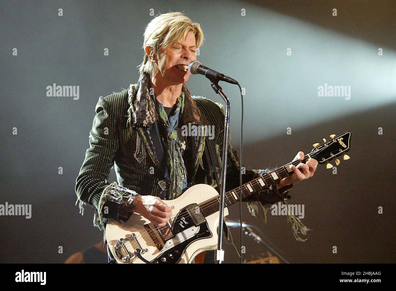 David Bowie performs and headlines live on stage at the Isle of Wight Festival in Newport, Isle of Wight on Sunday. Stock Photo