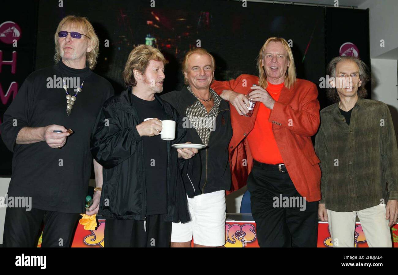 Jon Anderson, Steve Howe, Chris Squire, Rick Wakeman and Alan White of 'Yes' sign copies of new DVD Yes Acoustic during a pre-release signing at HMV Oxford Street in London. Stock Photo