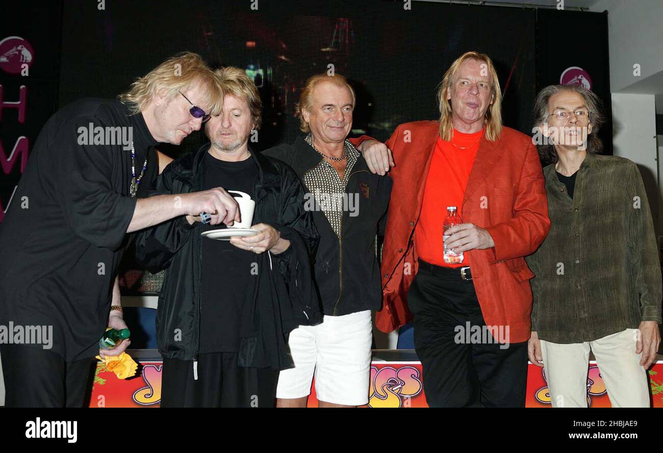 Jon Anderson, Steve Howe, Chris Squire, Rick Wakeman and Alan White of 'Yes' sign copies of new DVD Yes Acoustic during a pre-release signing at HMV Oxford Street in London. Stock Photo