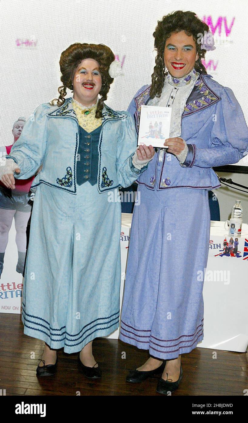 Actor Matt Lucas and David Walliams attend a signing & photocall for their Little Britain Series 1 DVD at HMV Oxford Street on October 11, 2004 in London. Stock Photo