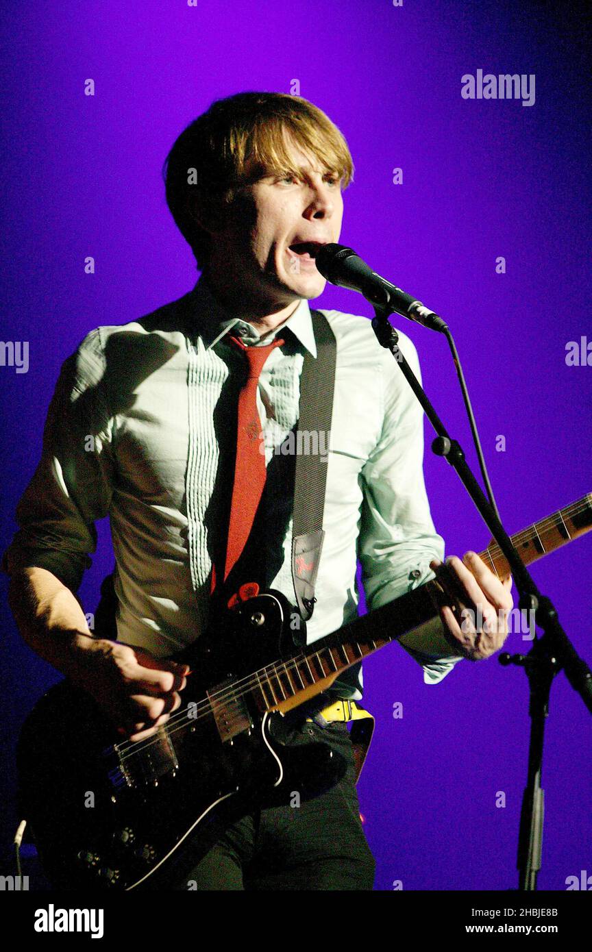 Robert Hardy;Alexander Kapranos;Nicholas McCarthy;Paul Thomson of band Franz Ferdinand performs on stage during final three London dates of their UK tour at Carling Academy Brixton on October 28, 2004 in London. Stock Photo