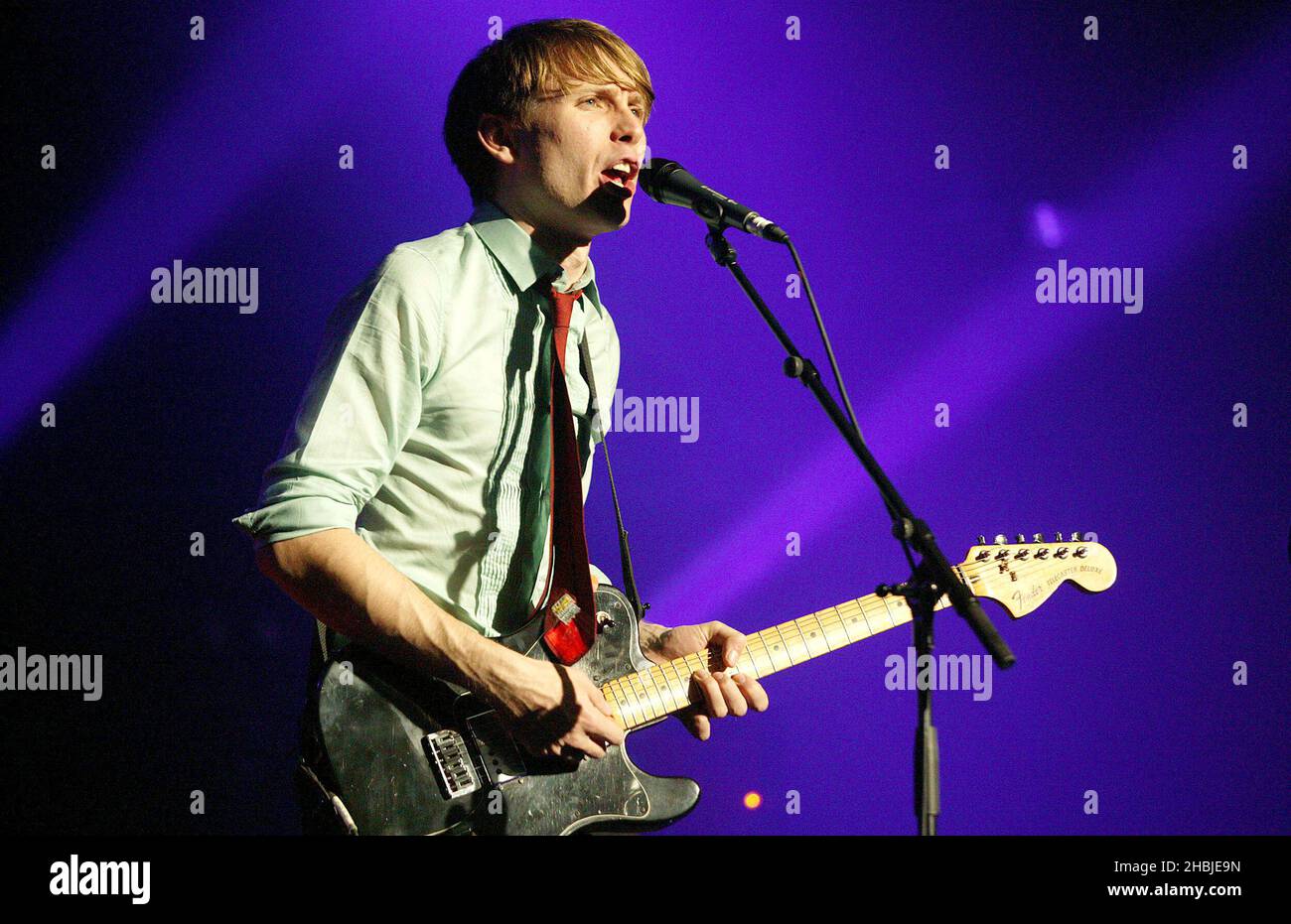 Robert Hardy;Alexander Kapranos;Nicholas McCarthy;Paul Thomson of band Franz Ferdinand performs on stage during final three London dates of their UK tour at Carling Academy Brixton on October 28, 2004 in London. Stock Photo