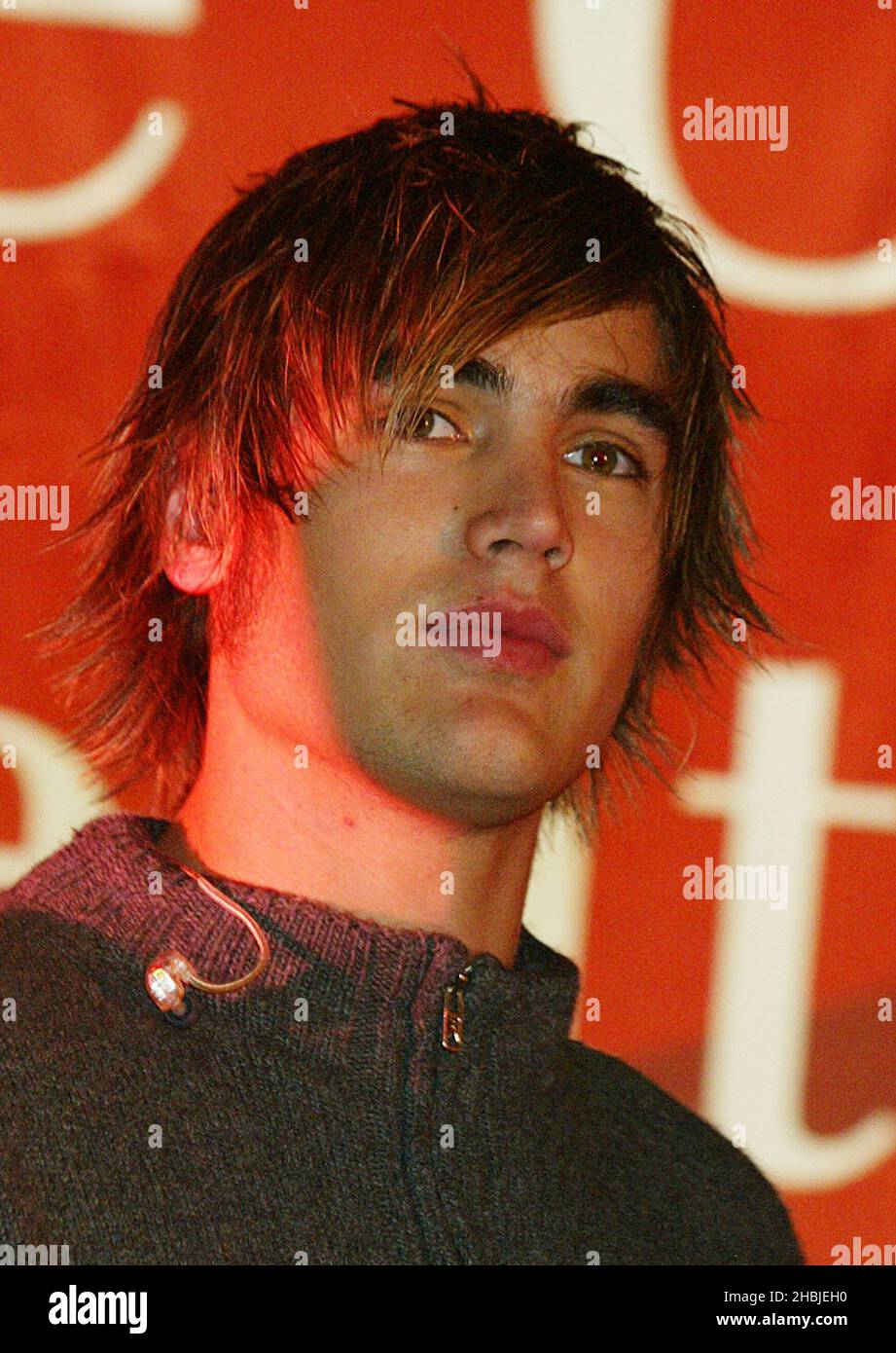 Busted; Charlie Simpson; attend and perform on stage at the annual Regent Street Christmas Lights switching-on ceremony, having performed live, in Regent Street on November 7, 2004 in London. Head Shot Stock Photo
