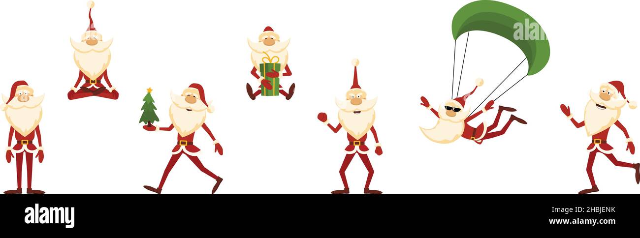 Vector illustration of cartoon Santa Claus characters on white background. Stock Vector