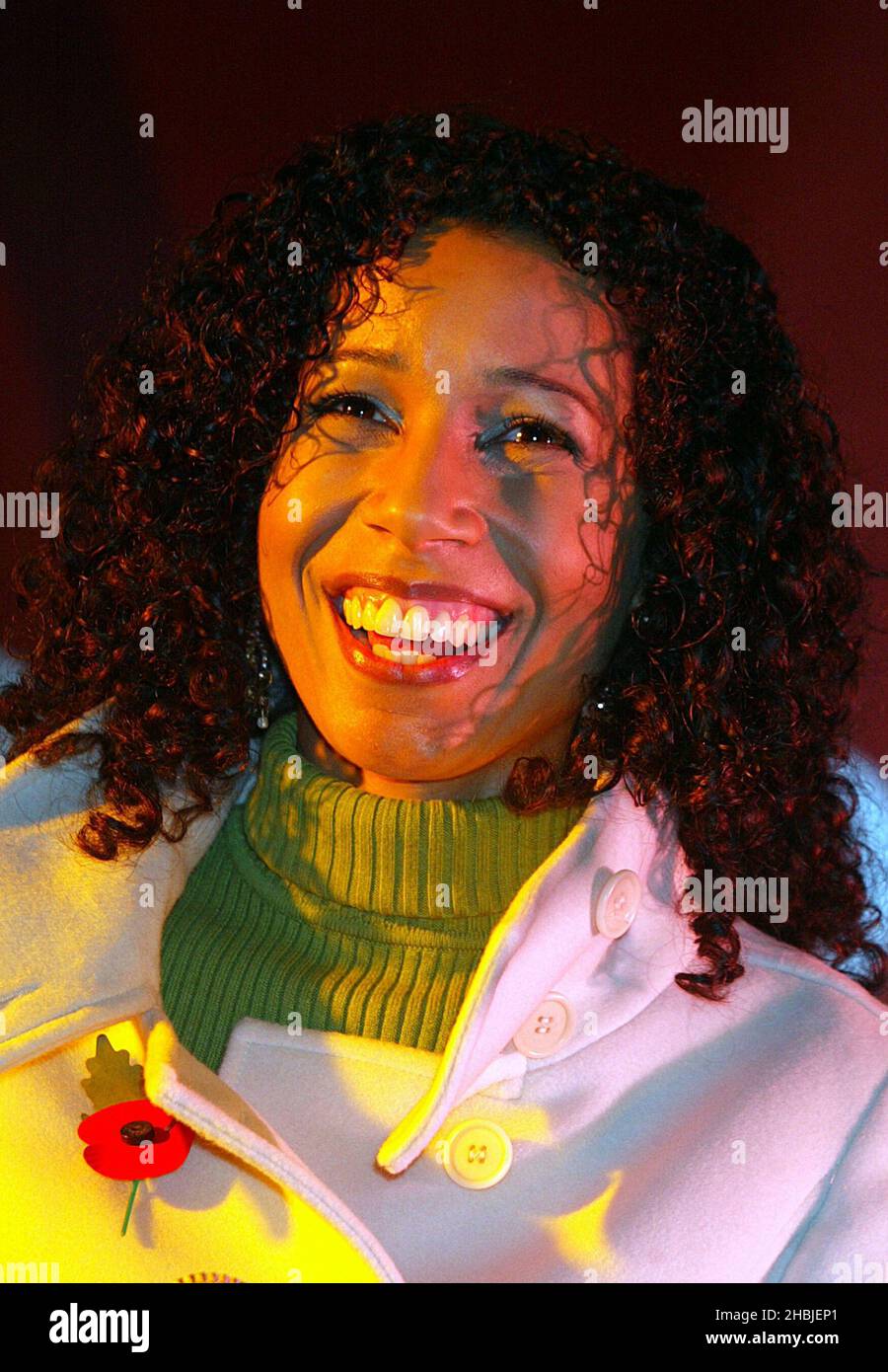 Margerita Taylor introduces Busted performing live on stage at the annual Regent Street Christmas Lights switching-on ceremony, having performed live, in Regent Street on November 7, 2004 in London. Head Shot Stock Photo
