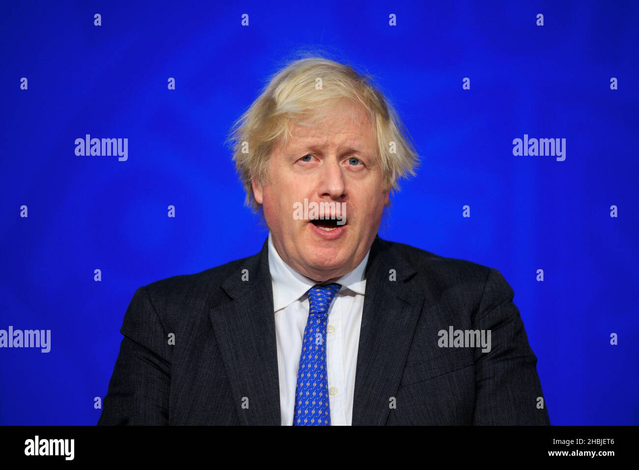 British Prime Minister, Boris Johnson, speaks during a Covid Update at Downing Street on December 15, 2021 in London, England. Stock Photo