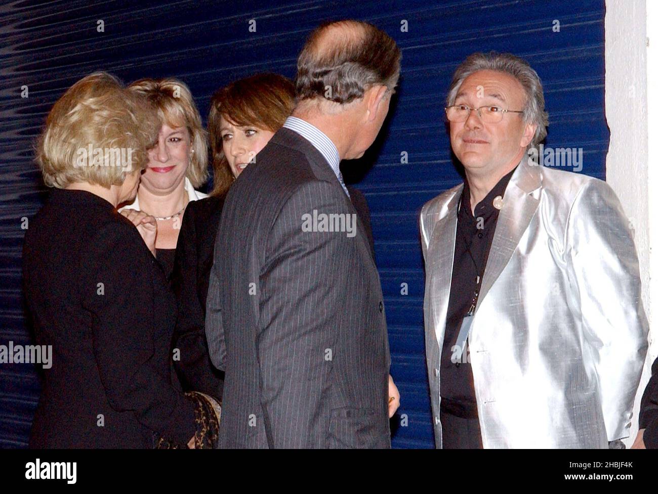 Prince Of Wales greets Trevoe Horn and Camilla Parker Bowles greets Mrs Trevor Horn at the Trevor Horn/Princes Trust concert, Wembley Arena, London. Stock Photo