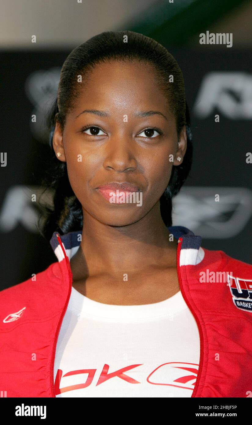 Popstar Jamelia is unveiled as/appears on the catwalk as the 2005 face of Reebok's street-influenced fashion and sportswear brand Rbk at the Elms Lester Painting Rooms on November 16, 2004 in London. Stock Photo