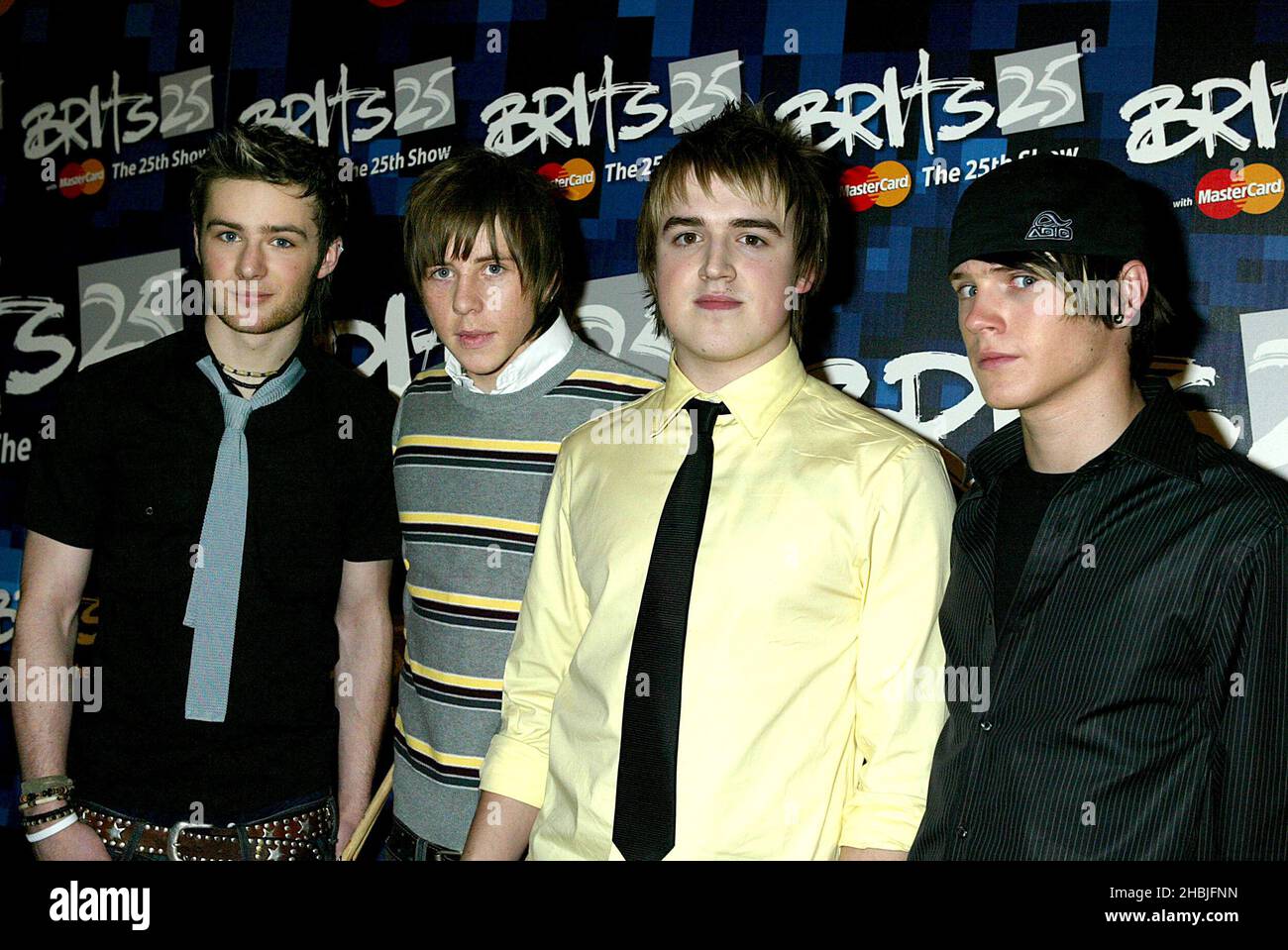 Danny Jones; Harry Judd; Tom Fletcher and Dougie Poynter of McFly attend the 'Brit Awards 2005 Shortlist Announcement' at the Park Lane Hotel on January 10, 2005 in London. Stock Photo